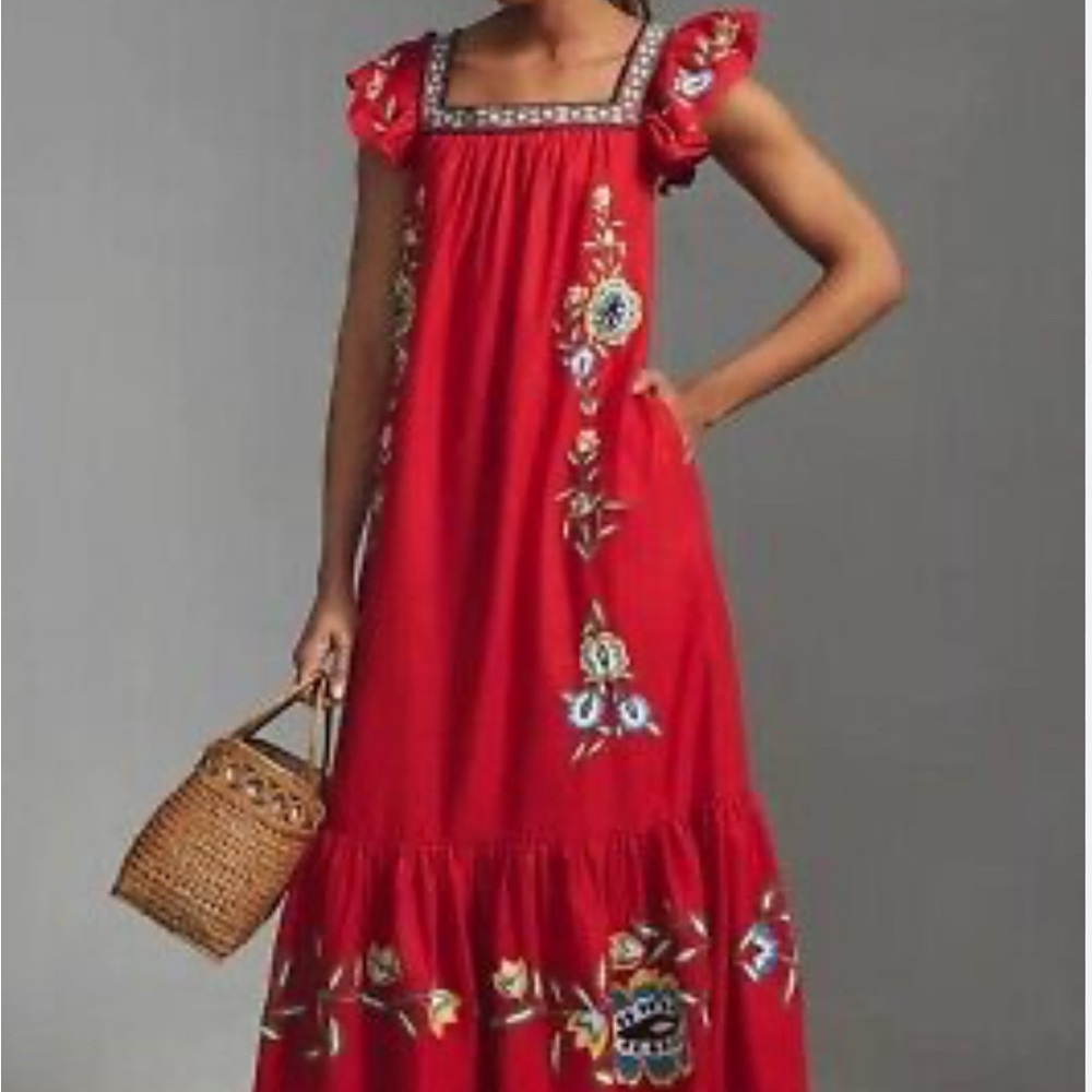 FARM Rio Red Ruffled Tiered Maxi Sundress